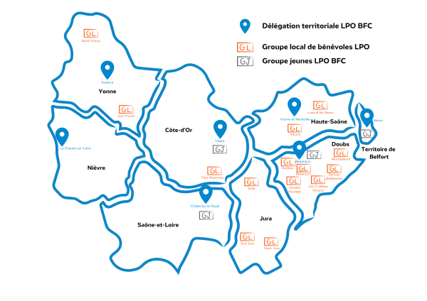 Carte des implantations de la LPO Bourgogne-Franche-Comté